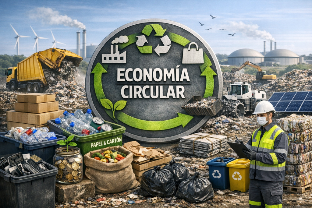 La economía circular, aplicada al manejo de residuos sólidos, es un enfoque que busca reducir al mínimo el desperdicio y aprovechar los recursos al máximo, mediante un ciclo continuo de reutilización, reciclaje, reparación y recuperación de materiales, en lugar de desecharlos después de un solo uso.